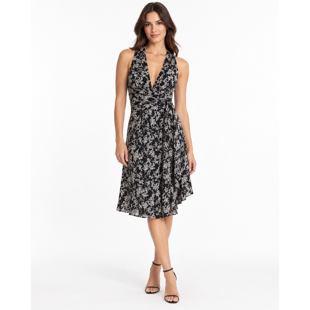 White House Black Market Floral V-Neck Asymmetrical Ruffle Dress Black White 4